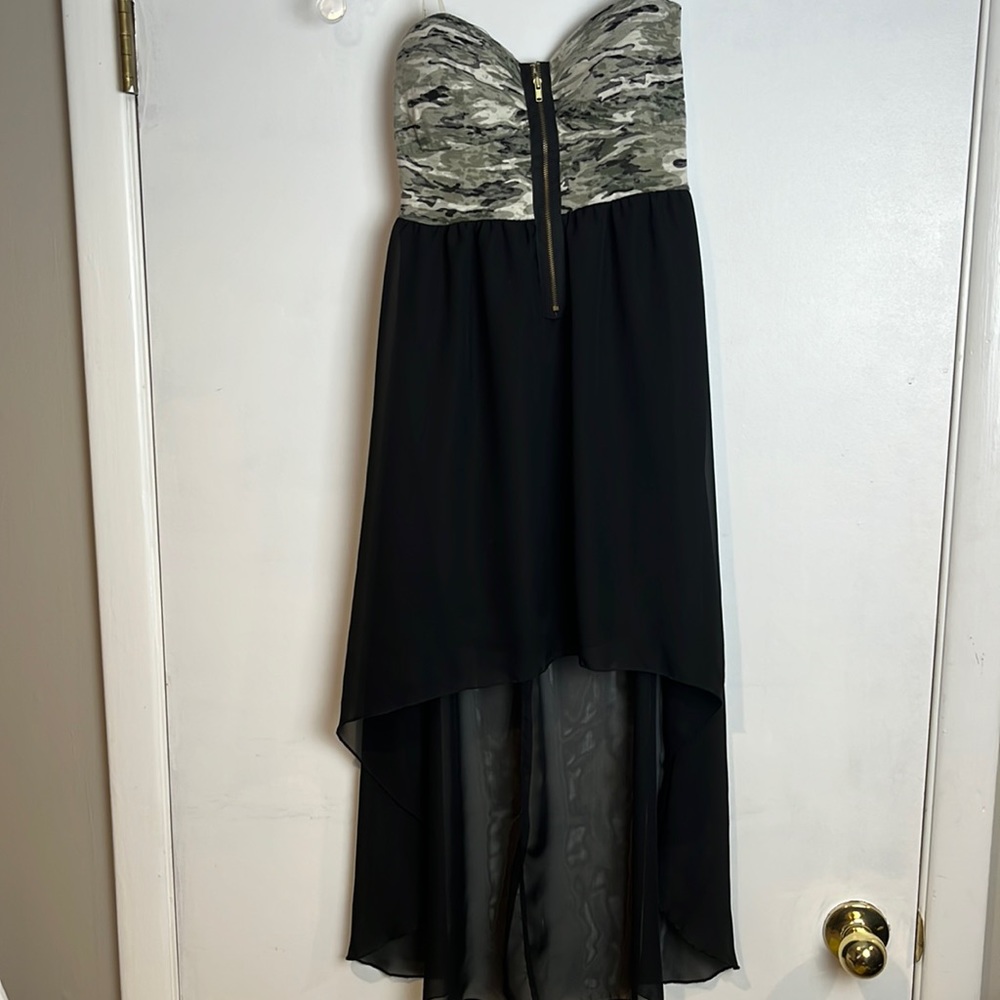 Camouflage strapless dress with high low skirt